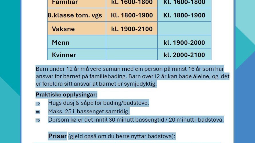 Lenkje til artikkel: Badedag i Valle endra frå onsdagar til tysdagar